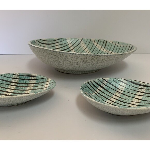 MCM Dumler & Breiden Art Pottery Blue White & Black Crackled Dish Bowls Set Of 3 - Picture 3 of 8